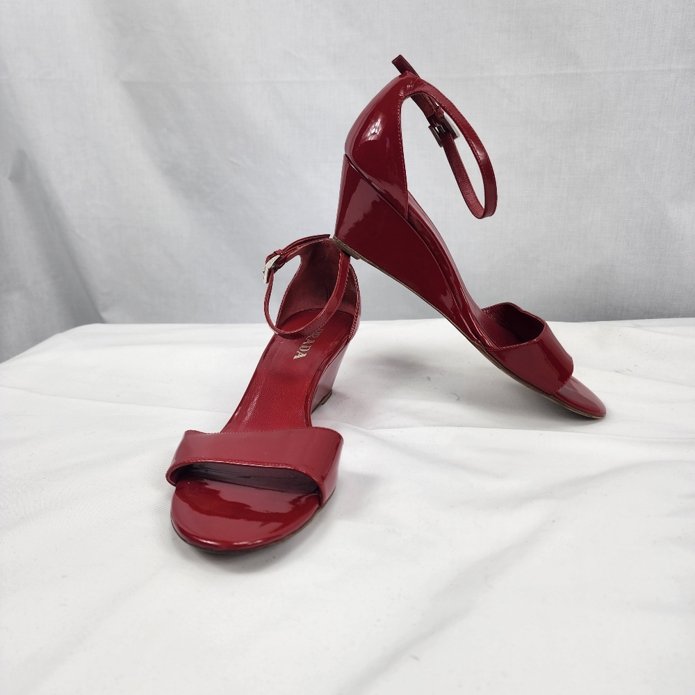 Prada Red Patent Leather Ankle Strap Open Toe Wedge Heel Prada 37.5 US 7.5